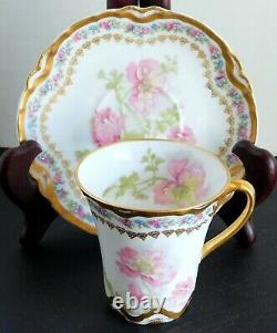 Vintage Haviland Limoges Chocolate Cup Saucer Pink/Blue Flowers Double Gold