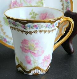 Vintage Haviland Limoges Chocolate Cup Saucer Pink/Blue Flowers Double Gold