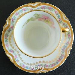 Vintage Haviland Limoges Chocolate Cup Saucer Pink/Blue Flowers Double Gold