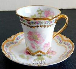 Vintage Haviland Limoges Chocolate Cup Saucer Pink/Blue Flowers Double Gold