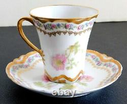 Vintage Haviland Limoges Chocolate Cup Saucer Pink/Blue Flowers Double Gold