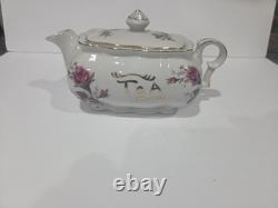 Vintage Japan Porcelain Tea Set Pink Rose Gold Trim Teapot Cups Saucers 26 Pc