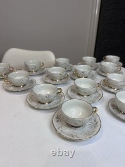 Vintage Japan Porcelain Tea Set x14 Cups & Saucers Gold Trim Floral 1950s