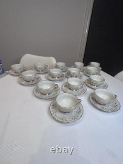Vintage Japan Porcelain Tea Set x14 Cups & Saucers Gold Trim Floral 1950s