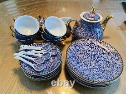 Vintage Japanese Blue & White gold plated Afternoon Tea Set Cups, Saucers, Pot