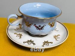 Vintage Korosten Blue Porcelain Tea Set of 5 Cups & Saucers with Gold Trim