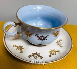 Vintage Korosten Blue Porcelain Tea Set of 5 Cups & Saucers with Gold Trim