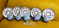 Vintage Korosten Blue Porcelain Tea Set of 5 Cups & Saucers with Gold Trim