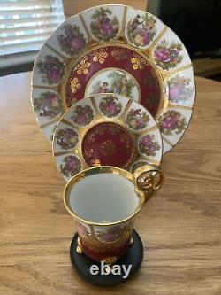 Vintage Limoges La Reine Fragonard 22 Kt Gold Demitasse Cup Saucer Plate Trio