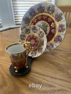 Vintage Limoges La Reine Fragonard 22 Kt Gold Demitasse Cup Saucer Plate Trio