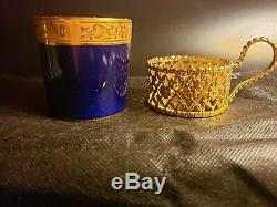 Vintage Limoges cobalt blue 24 carat cups & saucers with gold plated desert spoons