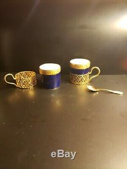 Vintage Limoges cobalt blue 24 carat cups & saucers with gold plated desert spoons
