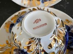 Vintage Lomonosov Porcelain Set of 2 Cobalt Blue and Gold Cups and Saucers