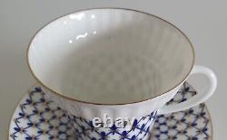 Vintage Lomonosov Russia Cobalt Blue Gold Net Porcelain 2Coffee Cups 2 Saucers