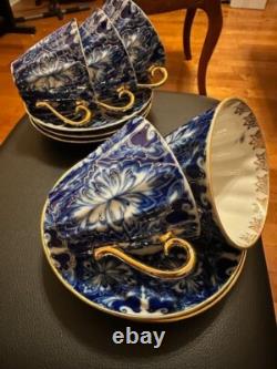 Vintage Lomonosov Russian (USSR) set of 5 tea Cobalt and gold cups and saucers