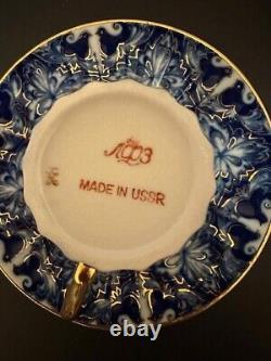 Vintage Lomonosov Russian (USSR) set of 5 tea Cobalt and gold cups and saucers