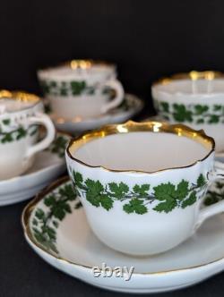 Vintage Meissen Demitasse Set of 4 Cups & Saucers Green Ivy Pattern, 24K Gold