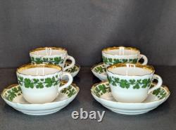 Vintage Meissen Demitasse Set of 4 Cups & Saucers Green Ivy Pattern, 24K Gold