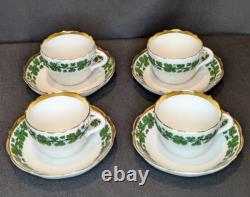 Vintage Meissen Demitasse Set of 4 Cups & Saucers Green Ivy Pattern, 24K Gold