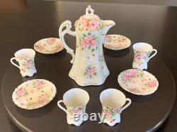 Vintage Moriage Chocolate Pot + 4 Cups Saucers Japan Gold Pink Green Coffee Tea