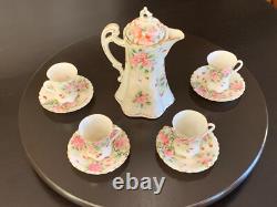 Vintage Moriage Chocolate Pot + 4 Cups Saucers Japan Gold Pink Green Coffee Tea