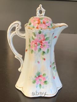 Vintage Moriage Chocolate Pot + 4 Cups Saucers Japan Gold Pink Green Coffee Tea
