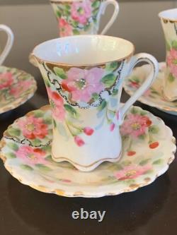 Vintage Moriage Chocolate Pot + 4 Cups Saucers Japan Gold Pink Green Coffee Tea
