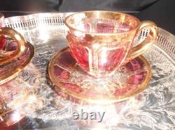 Vintage Moser Demitasse Cups and Saucers in Cranberry and Gold A Pair