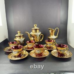 Vintage Murano Ruby And Gold Coffe Set Coffepot Cups Saucers Creamer Sugar