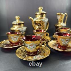 Vintage Murano Ruby And Gold Coffe Set Coffepot Cups Saucers Creamer Sugar