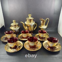 Vintage Murano Ruby And Gold Coffe Set Coffepot Cups Saucers Creamer Sugar