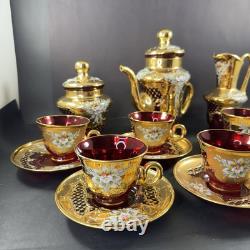 Vintage Murano Ruby And Gold Coffe Set Coffepot Cups Saucers Creamer Sugar