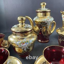 Vintage Murano Ruby And Gold Coffe Set Coffepot Cups Saucers Creamer Sugar