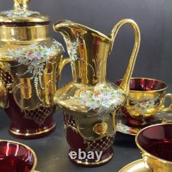 Vintage Murano Ruby And Gold Coffe Set Coffepot Cups Saucers Creamer Sugar