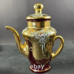 Vintage Murano Ruby And Gold Coffe Set Coffepot Cups Saucers Creamer Sugar