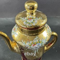 Vintage Murano Ruby And Gold Coffe Set Coffepot Cups Saucers Creamer Sugar