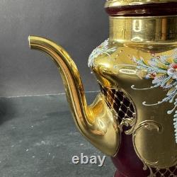 Vintage Murano Ruby And Gold Coffe Set Coffepot Cups Saucers Creamer Sugar