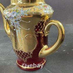 Vintage Murano Ruby And Gold Coffe Set Coffepot Cups Saucers Creamer Sugar