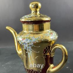 Vintage Murano Ruby And Gold Coffe Set Coffepot Cups Saucers Creamer Sugar