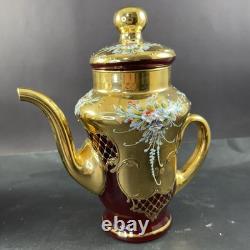 Vintage Murano Ruby And Gold Coffe Set Coffepot Cups Saucers Creamer Sugar