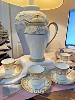 Vintage NIPPON Floral Gold Gilt Embellished Tea Set with 4 cups/saucers VGC