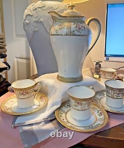 Vintage NIPPON Floral Gold Gilt Embellished Tea Set with 4 cups/saucers VGC