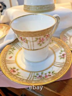 Vintage NIPPON Floral Gold Gilt Embellished Tea Set with 4 cups/saucers VGC