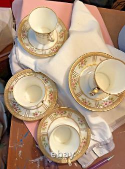 Vintage NIPPON Floral Gold Gilt Embellished Tea Set with 4 cups/saucers VGC