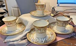 Vintage NIPPON Floral Gold Gilt Embellished Tea Set with 4 cups/saucers VGC