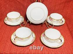 Vintage Noritake 4 Cups and 5 Saucers Hand Painted Roses with Beaded Gold Swag