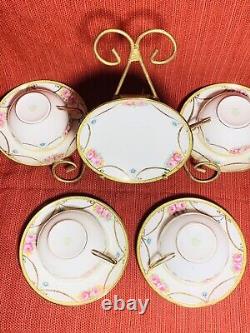 Vintage Noritake 4 Cups and 5 Saucers Hand Painted Roses with Beaded Gold Swag