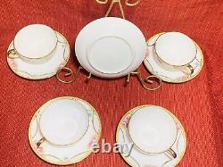 Vintage Noritake 4 Cups and 5 Saucers Hand Painted Roses with Beaded Gold Swag