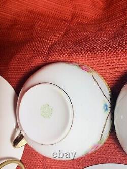 Vintage Noritake 4 Cups and 5 Saucers Hand Painted Roses with Beaded Gold Swag