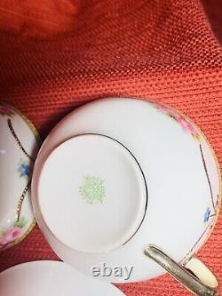 Vintage Noritake 4 Cups and 5 Saucers Hand Painted Roses with Beaded Gold Swag